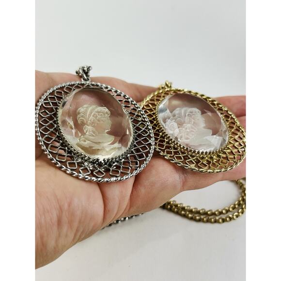 Set 2 Vintage Whiting Davis Clear Intaglio Cameo Pendant Necklace Silver Gold To - Picture 3 of 12